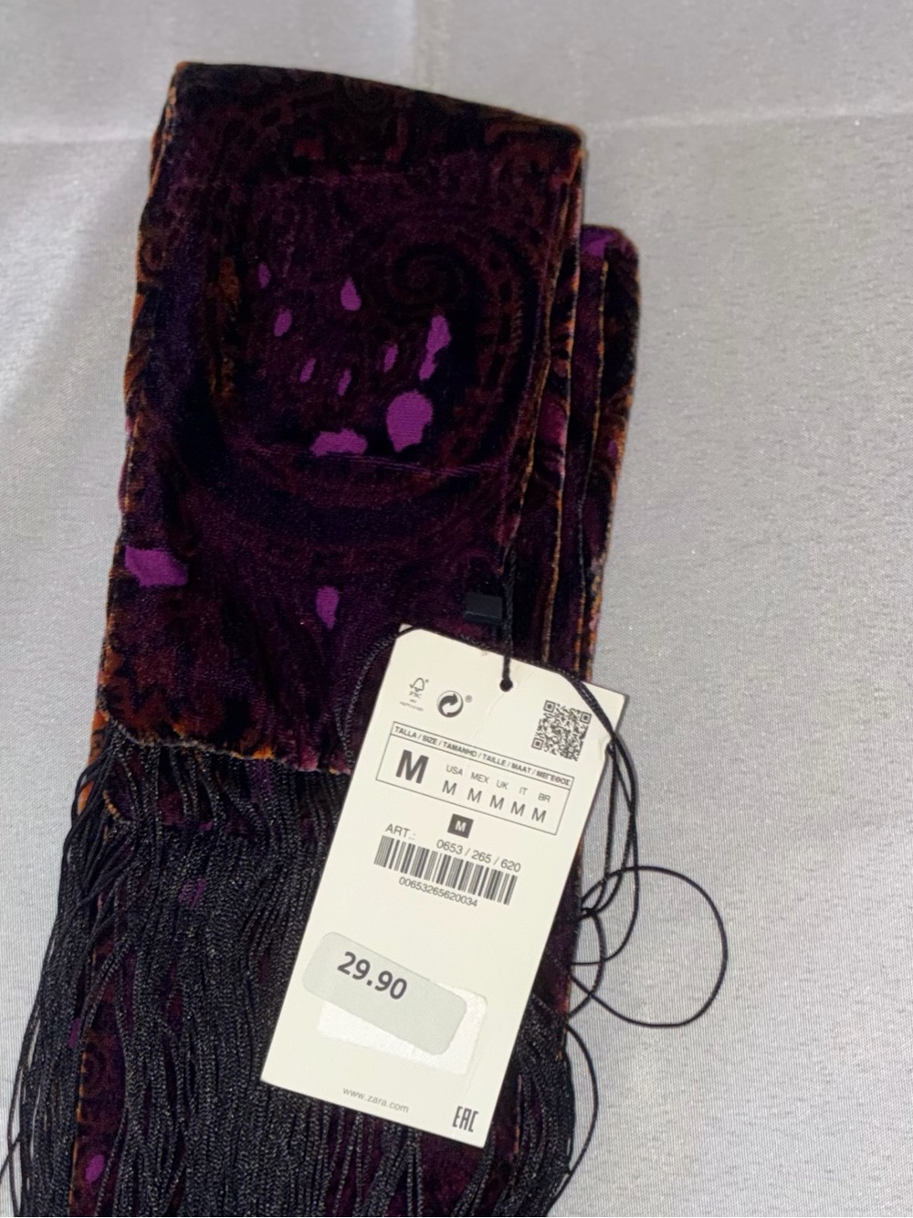 Zara Velvet Paisley Fringe Scarf in Purple and Orange - Picture 4 of 4